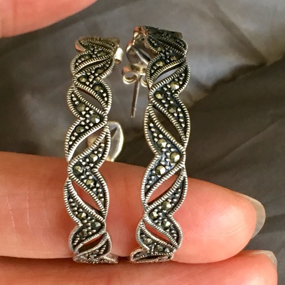 Sterling Silver Marcasite Hoop Pierced Earrings - Picture 2 of 9